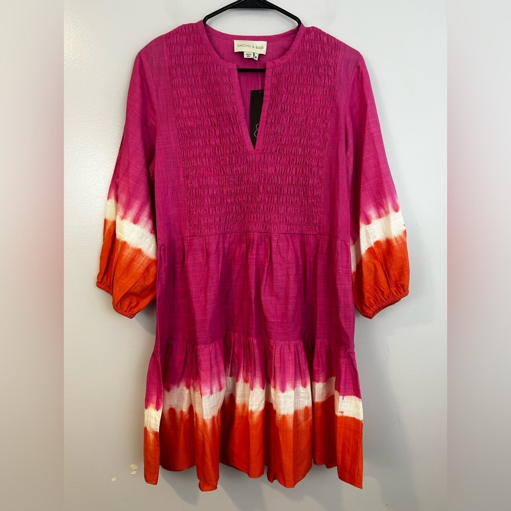 NWT Sachin + Babi Pink Ombre Ruched Long Balloon Sleeve Cotton Dress